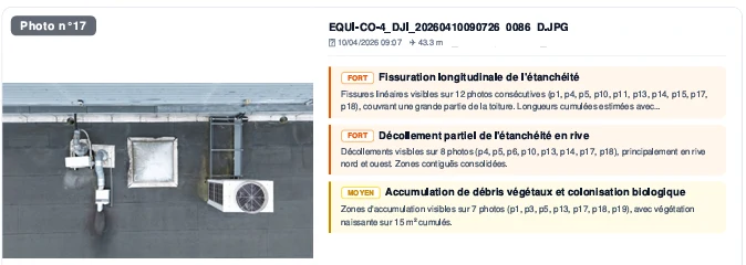 Analyse IA d'une photo drone dans la plateforme : anomalies d'étanchéité détectées avec niveau de gravité
