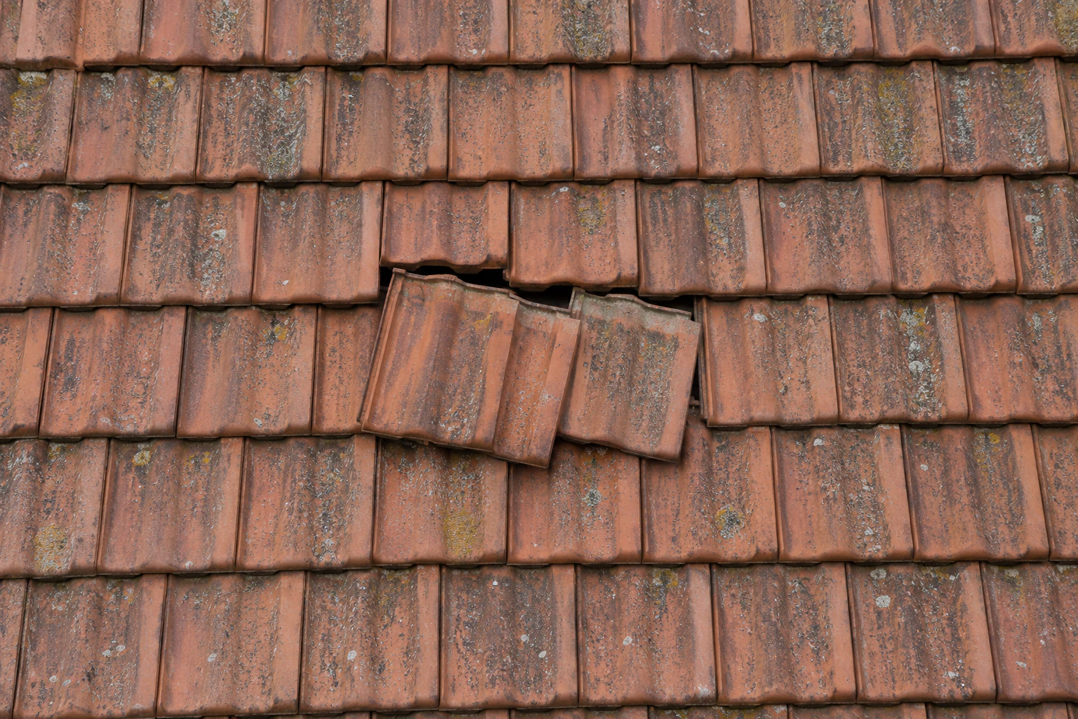Illustration générée d’une couverture en tuiles sur l’annexe : deux tuiles présentent un décalage localisé dans l’alignement des rangs.