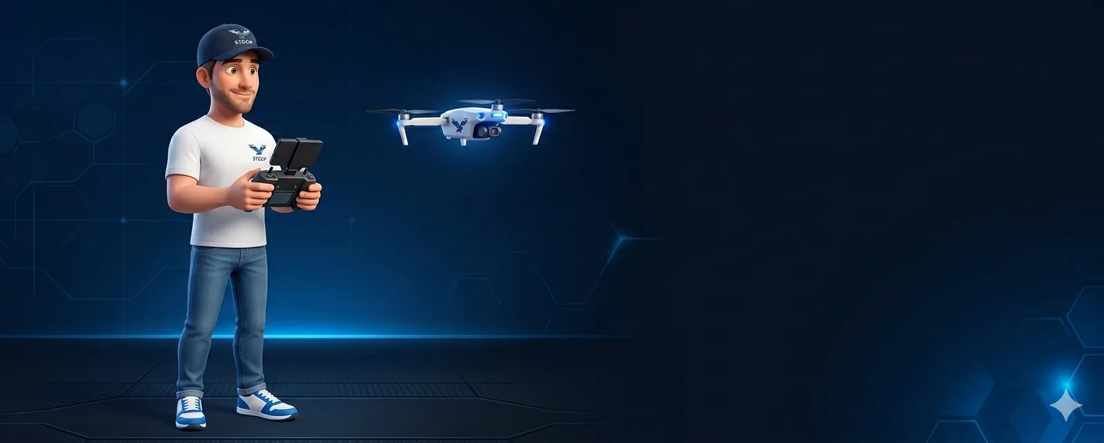 Télépilote STOOP DRONE en casquette et t-shirt de la marque, pilotant un drone