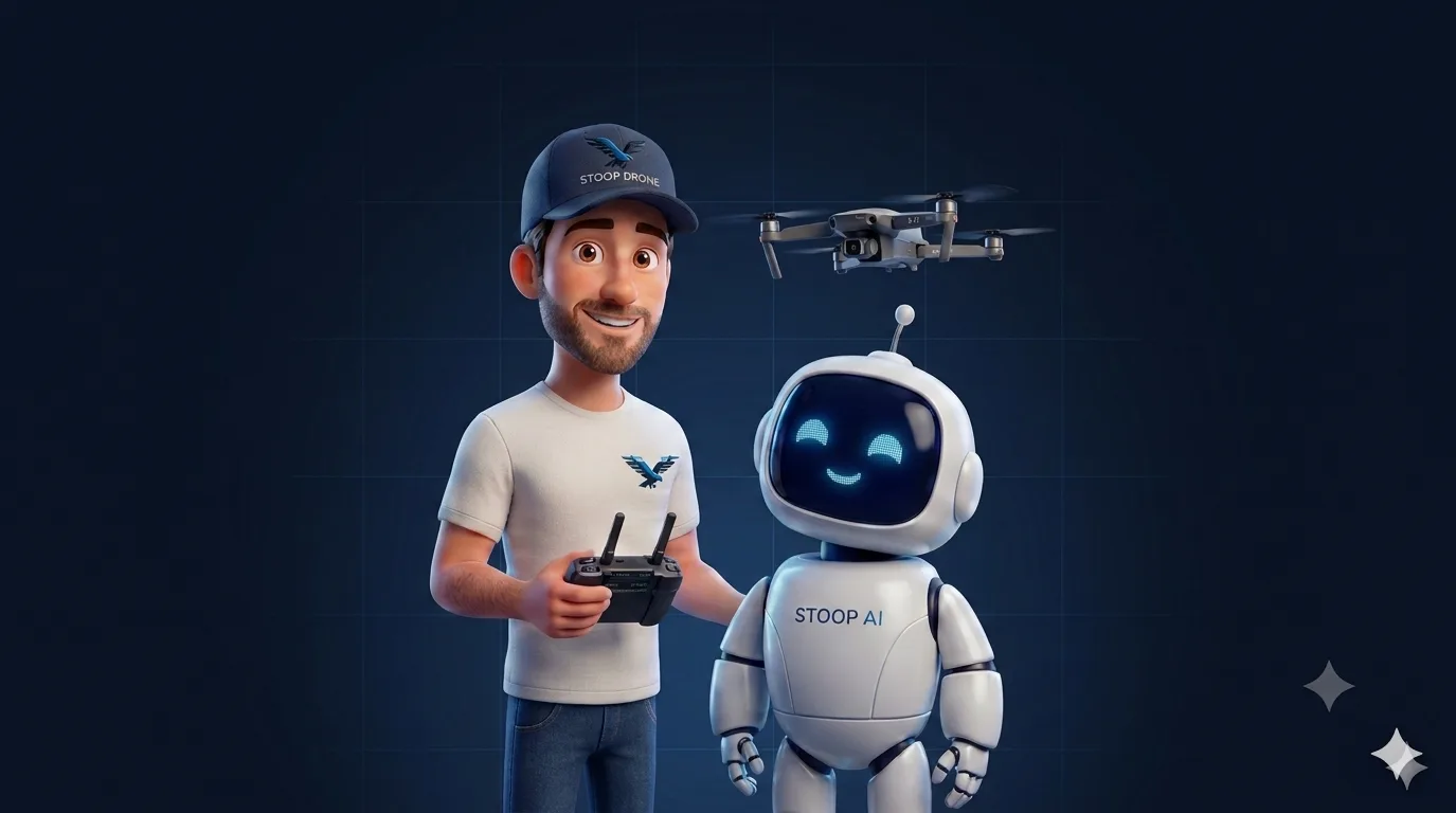 STOOP DRONE, un télépilote, présente STOOP AI le robot d'analyse, avec un drone au-dessus