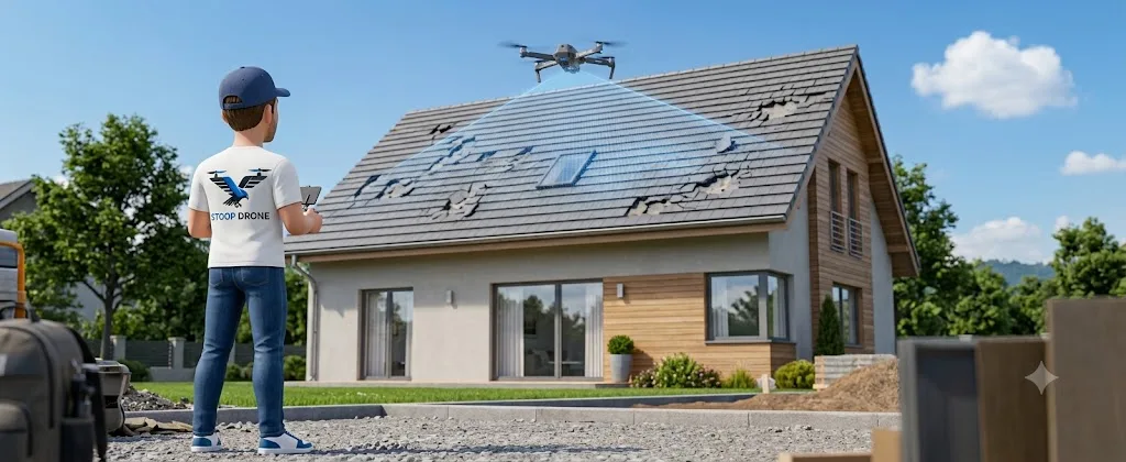 Télépilote STOOP DRONE inspectant par drone la toiture endommagée d'une maison