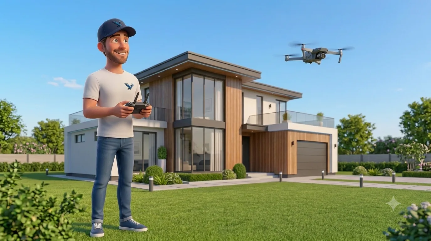 Télépilote STOOP DRONE captant par drone des images aériennes d'une maison contemporaine